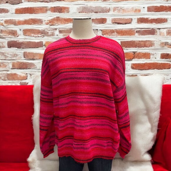 Vibrant Pink Striped Sweater Cozy Knit RD Style Conscious XL Fall Winter Trendy - Picture 1 of 9